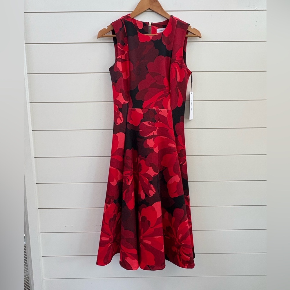 Calvin Klein Red & Black Floral Fit-and-Flare Midi Dress